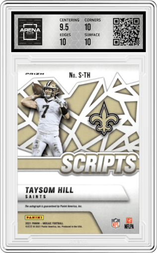Taysom Hill from the 2021 Panini Mosaic set featuring a Orange parallel graded by Arena Club and given an overall grade of 10.