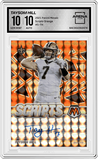 Taysom Hill from the 2021 Panini Mosaic set featuring a Orange parallel graded by Arena Club and given an overall grade of 10.