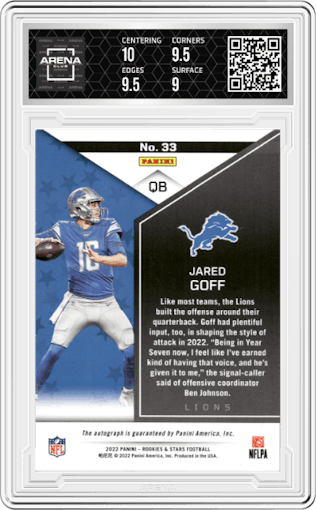Jared Goff from the 2022 Panini Rookies & Stars set graded by Arena Club and given an overall grade of 9.5.