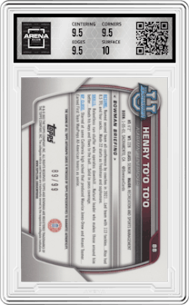 Henry To'o To'o from the 2022 Bowman University Chrome set featuring a Green Refractor parallel graded by Arena Club and given an overall grade of 10.
