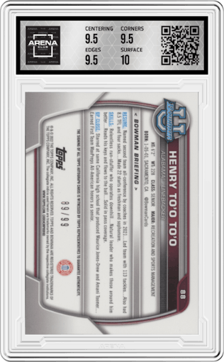 Henry To'o To'o from the 2022 Bowman University Chrome set featuring a Green Refractor parallel graded by Arena Club and given an overall grade of 10.