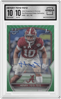 Henry To'o To'o from the 2022 Bowman University Chrome set featuring a Green Refractor parallel graded by Arena Club and given an overall grade of 10.