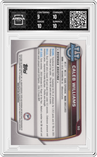Caleb Williams from the 2022 Bowman University Chrome set featuring a Pink Refractor parallel graded by Arena Club and given an overall grade of 9.5.