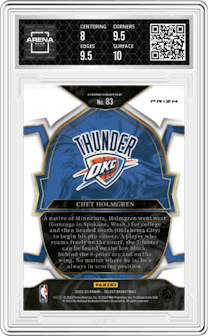 Chet Holmgren from the 2022-23 Panini Select set featuring a Blue Cracked Ice parallel graded by Arena Club and given an overall grade of 8.5.