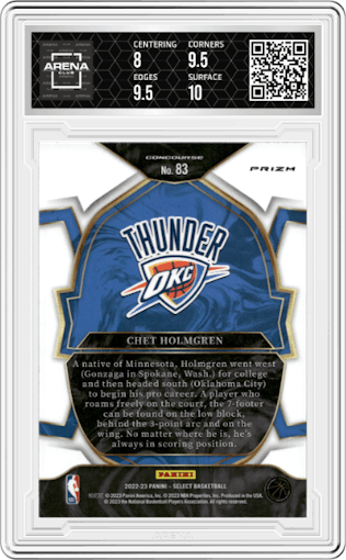 Chet Holmgren from the 2022-23 Panini Select set featuring a Blue Cracked Ice parallel graded by Arena Club and given an overall grade of 8.5.