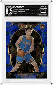 Chet Holmgren from the 2022-23 Panini Select set featuring a Blue Cracked Ice parallel graded by Arena Club and given an overall grade of 8.5.