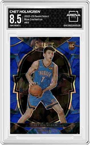 Chet Holmgren from the 2022-23 Panini Select set featuring a Blue Cracked Ice parallel graded by Arena Club and given an overall grade of 8.5.