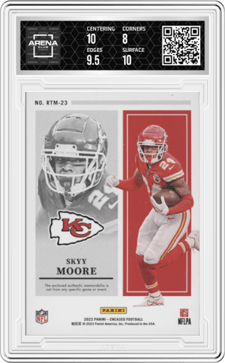 Skyy Moore  from the 2022 Panini Encased set featuring a Gold parallel graded by Arena Club and given an overall grade of 8.5.