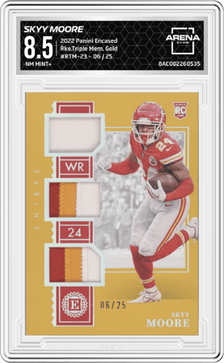 Skyy Moore  from the 2022 Panini Encased set featuring a Gold parallel graded by Arena Club and given an overall grade of 8.5.