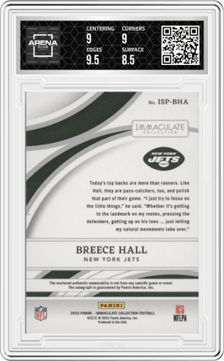 Breece Hall from the 2022 Panini Immaculate Collection set graded by Arena Club and given an overall grade of 9.