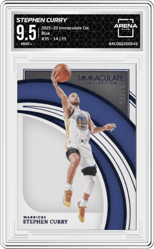 Stephen Curry from the 2021-22 Panini Immaculate Collection set featuring a Blue parallel graded by Arena Club and given an overall grade of 9.5.