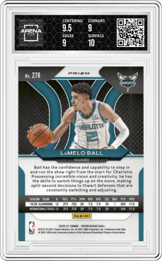 LaMelo Ball from the 2020-21 Panini Prizm set featuring a Green Prizm parallel graded by Arena Club and given an overall grade of 9.5.