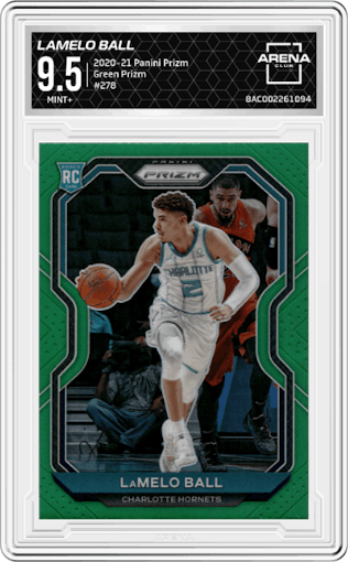 LaMelo Ball from the 2020-21 Panini Prizm set featuring a Green Prizm parallel graded by Arena Club and given an overall grade of 9.5.