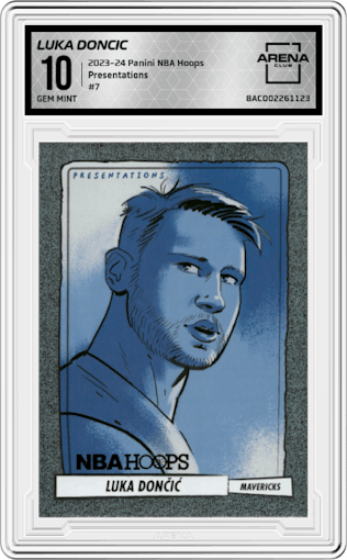 Luka Doncic from the 2023-24 Panini NBA Hoops set graded by Arena Club and given an overall grade of 10.
