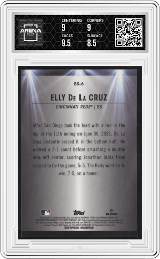 Elly De La Cruz from the 2024 Bowman set featuring a Green Refractor parallel graded by Arena Club and given an overall grade of 9.