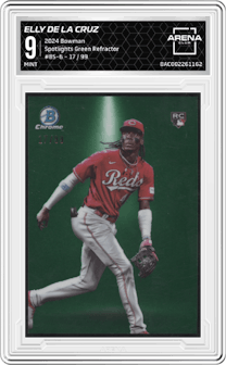 Elly De La Cruz from the 2024 Bowman set featuring a Green Refractor parallel graded by Arena Club and given an overall grade of 9.