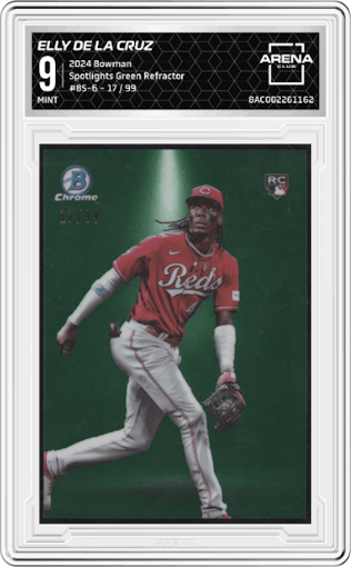Elly De La Cruz from the 2024 Bowman set featuring a Green Refractor parallel graded by Arena Club and given an overall grade of 9.