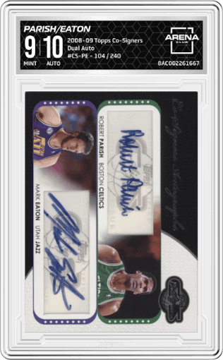 Robert Parish/Mark Eaton from the 2008-09 Topps Co-Signers set graded by Arena Club and given an overall grade of 9.