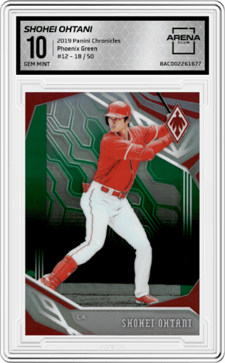 Shohei Ohtani from the 2019 Panini Chronicles set featuring a Green parallel graded by Arena Club and given an overall grade of 10.