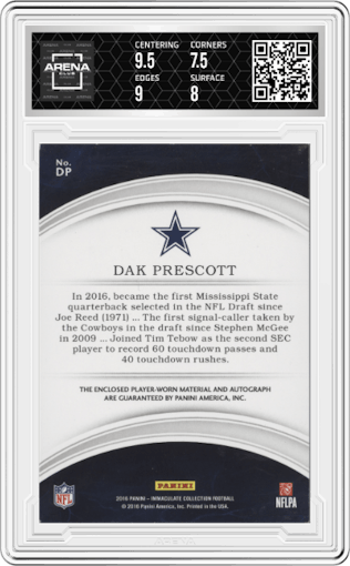 Dak Prescott from the 2016 Panini Immaculate set graded by Arena Club and given an overall grade of 8.