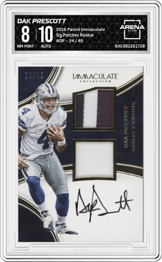 Dak Prescott from the 2016 Panini Immaculate set graded by Arena Club and given an overall grade of 8.