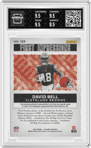 David Bell from the 2022 Panini Illusions set featuring a Purple Ink First Off The Line parallel graded by Arena Club and given an overall grade of 9.