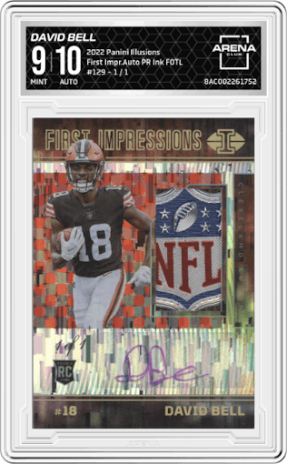 David Bell from the 2022 Panini Illusions set featuring a Purple Ink First Off The Line parallel graded by Arena Club and given an overall grade of 9.