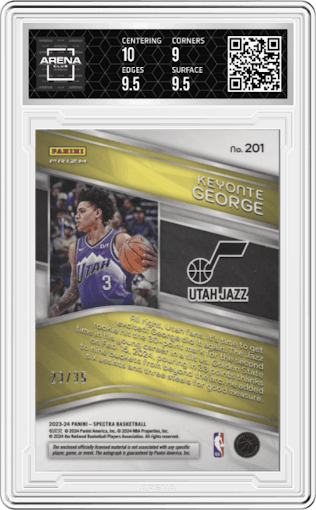 Keyonte George from the 2023-24 Panini Spectra set featuring a Astral parallel graded by Arena Club and given an overall grade of 9.5.
