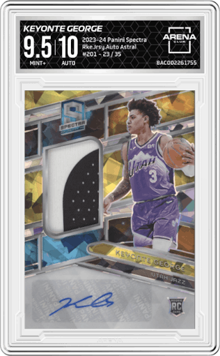 Keyonte George from the 2023-24 Panini Spectra set featuring a Astral parallel graded by Arena Club and given an overall grade of 9.5.
