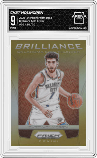 Chet Holmgren from the 2023-24 Panini Prizm Deca set featuring a Gold Prizm parallel graded by Arena Club and given an overall grade of 9.