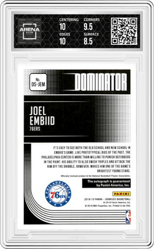 Joel Embiid from the 2018-19 Panini Donruss  set graded by Arena Club and given an overall grade of 9.