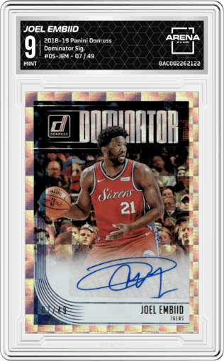 Joel Embiid from the 2018-19 Panini Donruss  set graded by Arena Club and given an overall grade of 9.