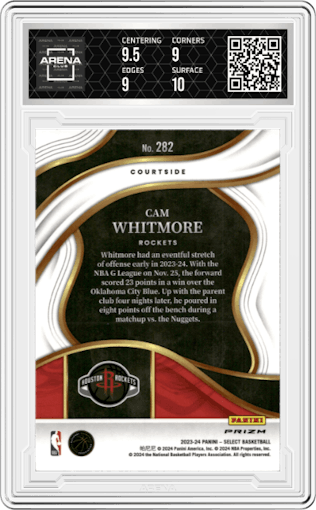 Cam Whitmore from the 2023-24 Panini Select  set featuring a Zebra Prizm parallel graded by Arena Club and given an overall grade of 9.5.