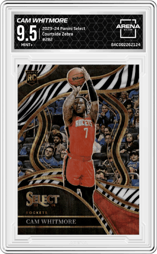 Cam Whitmore from the 2023-24 Panini Select  set featuring a Zebra Prizm parallel graded by Arena Club and given an overall grade of 9.5.