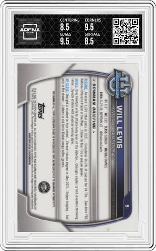 Will Levis from the 2022 Bowman University Chrome set graded by Arena Club and given an overall grade of 9.