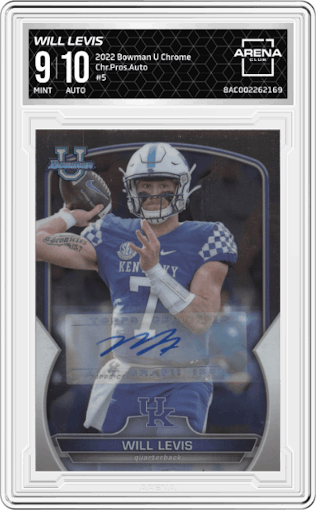 Will Levis from the 2022 Bowman University Chrome set graded by Arena Club and given an overall grade of 9.