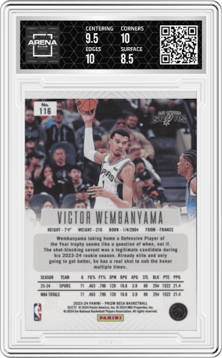 Victor Wembanyama from the 2023-24 Panini Prizm Deca set graded by Arena Club and given an overall grade of 9.
