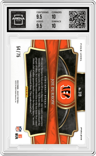 Joe Burrow from the 2023 Panini Select set featuring a Tri-Color parallel graded by Arena Club and given an overall grade of 10.