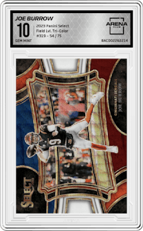 Joe Burrow from the 2023 Panini Select set featuring a Tri-Color parallel graded by Arena Club and given an overall grade of 10.