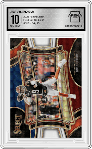 Joe Burrow from the 2023 Panini Select set featuring a Tri-Color parallel graded by Arena Club and given an overall grade of 10.