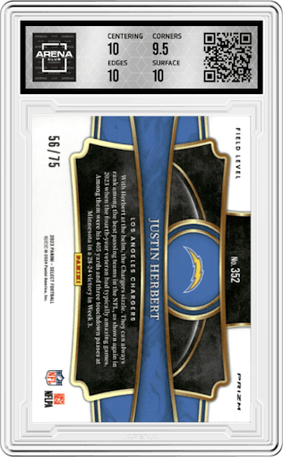 Justin Herbert from the 2023 Panini Select set featuring a Tri-Color parallel graded by Arena Club and given an overall grade of 10.