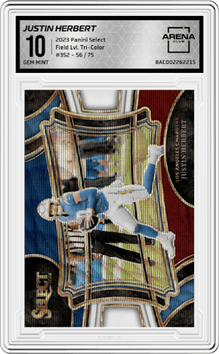 Justin Herbert from the 2023 Panini Select set featuring a Tri-Color parallel graded by Arena Club and given an overall grade of 10.