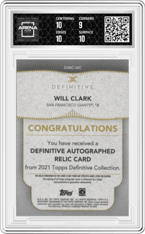 Will Clark from the 2021 Topps Definitive Collection set graded by Arena Club and given an overall grade of 9.5.