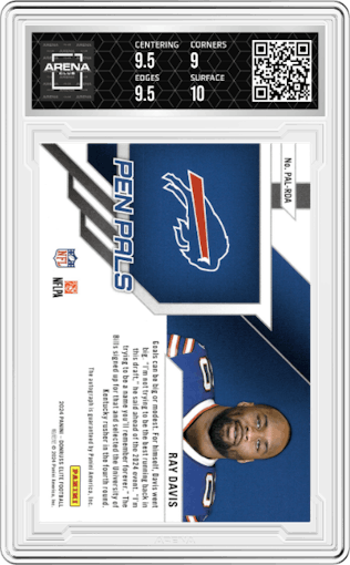 Ray Davis from the 2024 Panini Donruss Elite set graded by Arena Club and given an overall grade of 9.5.