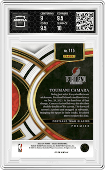 Toumani Camara  from the 2023-24 Panini Select  set featuring a Tiger parallel graded by Arena Club and given an overall grade of 9.5.