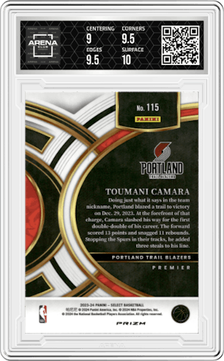 Toumani Camara  from the 2023-24 Panini Select  set featuring a Tiger parallel graded by Arena Club and given an overall grade of 9.5.