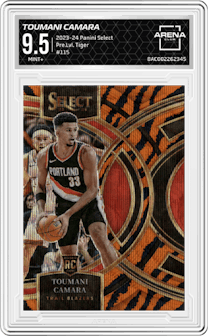 Toumani Camara  from the 2023-24 Panini Select  set featuring a Tiger parallel graded by Arena Club and given an overall grade of 9.5.