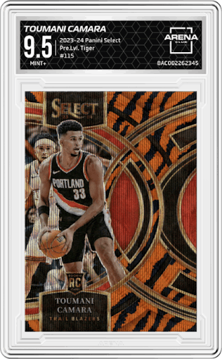 Toumani Camara  from the 2023-24 Panini Select  set featuring a Tiger parallel graded by Arena Club and given an overall grade of 9.5.