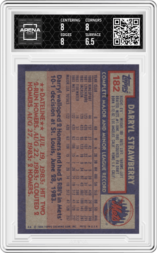 Darryl Strawberry from the 1984 Topps set graded by Arena Club and given an overall grade of 7.