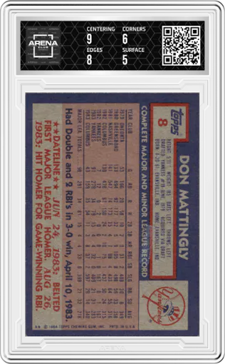 Don Mattingly from the 1984 Topps set graded by Arena Club and given an overall grade of 5.5.